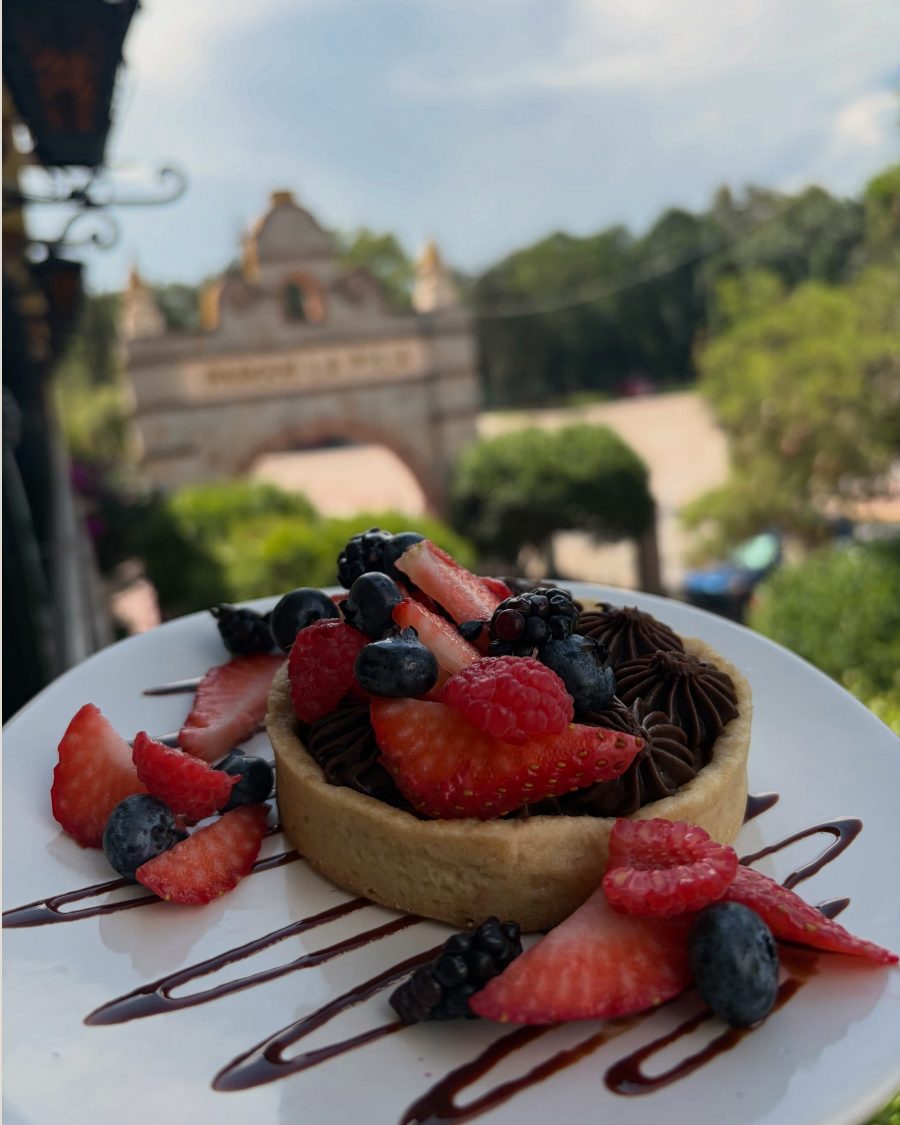 Tarta de chocolate con fresas, frambuesas y moras en la terraza de Estación 31, con el arco del Parque La Pila al fondo